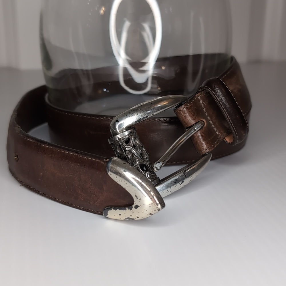 Vintage 1993 Brighton Leather Belt Sz Large Filigree Silver Barrel Buckle Brown